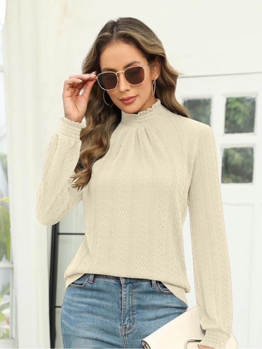 Women's Cream Mock Neck Long Sleeve Knit Top by